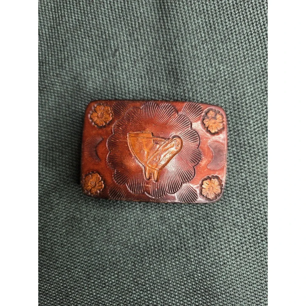Vintage Mexican Handcrafted Leather Belt Buckle Bird Carving Nickel Silver Back